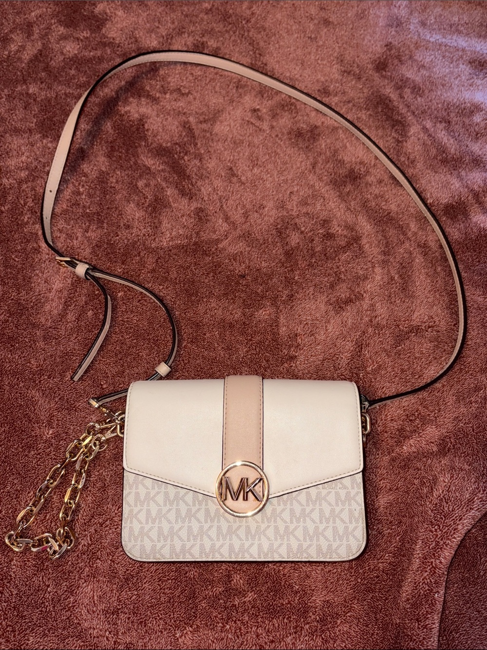Michael Kors Cream & Beige Signature MK Crossbody Bag with Gold Logo